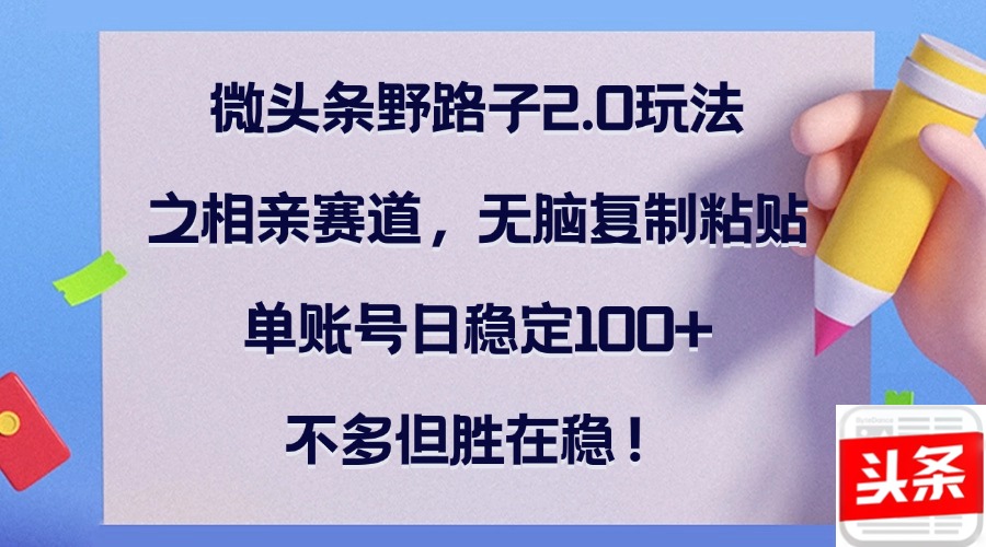 （12763期）微头条野路子2.0玩法之相亲赛道，无脑复制粘贴，单账号日稳定100+，不…-云推网创项目库