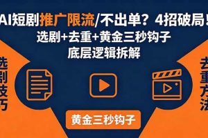 （18253期）AI短剧推广总被限流、不出单？4招选剧+去重技巧+黄金三秒钩子，手把手拆解底层逻辑